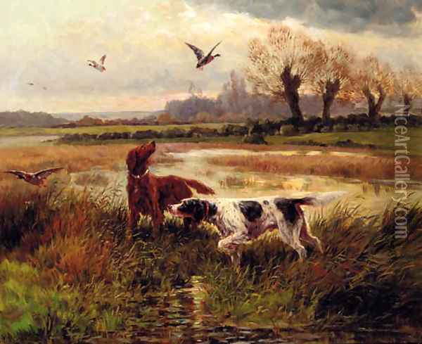 Setters flushing out ducks Oil Painting - Eugene Petit
