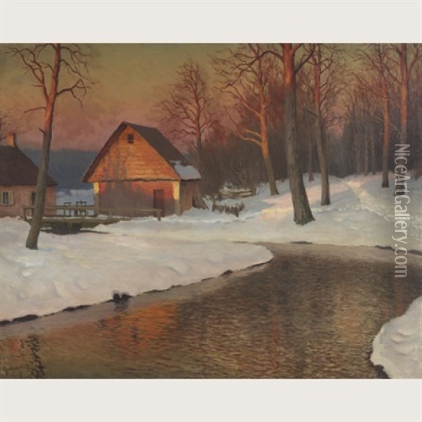 Riverside Cabins On A Winter's Eve Oil Painting - Mikhail Markianovich Germanshev