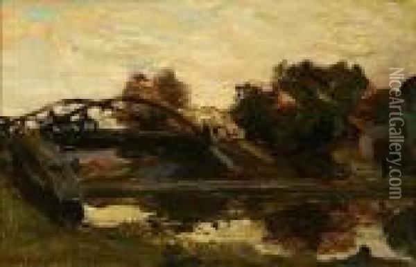 Figures, Horse And Cart Crossing A Bridge In A Summer Landscape Oil Painting - Colin Campbell Cooper