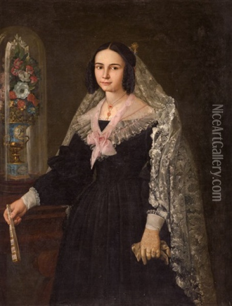 Retrato De Dama Con Mantilla Y Abanico Junto A Un Fanal De Flores Oil Painting - Antonio Gomez Cros