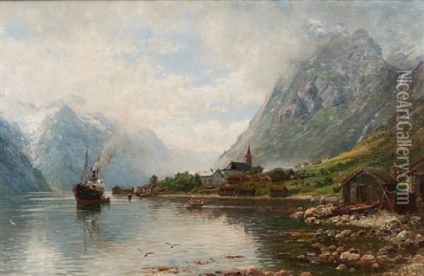 Norway, Mailboat In A Fjord Oil Painting - Anders Monsen Askevold