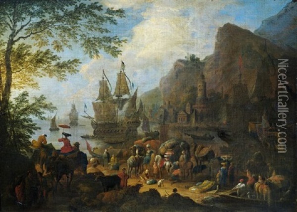 Einschiffung Eleganter Reisender An Einem Mediterranen Hafen Oil Painting - Jan-Baptiste van der Meiren