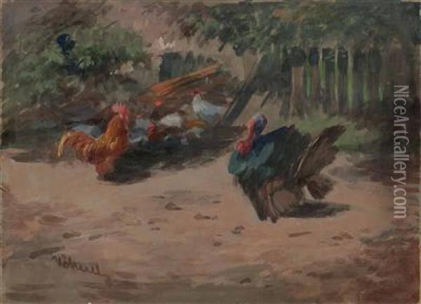 Huhnerfamilie Und Truthahn Oil Painting - Wilhelm Hohnel