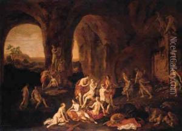 Diana And Her Nymphs Resting In A Cave, Among Classicalstatues Oil Painting - Adriaen van Nieulandt