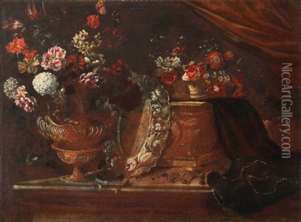 A Bronze Urn Filled With Flowers Alongside A Silver Dish Oil Painting - Jacques Hupin