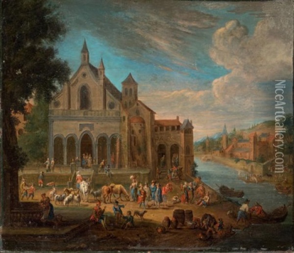 Scene De Marche Devant Une Eglise, And Scene De Marche Au Bord D'un Fleuve, (2 Works) Oil Painting - Mathys Schoevaerdts