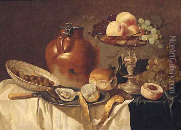 An oyster and a peeled lemon on a pewter plate Oil Painting - Pieter Claesz