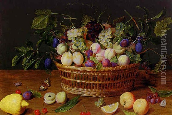 Still Life With A Basket Of Fruit On A Fruit Strewn Table With Two Butterflies And A Beetle Oil Painting - Jacob van Hulsdonck