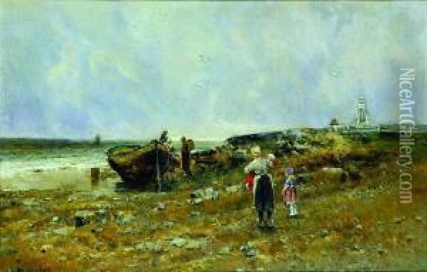 Fisherfolk By The Shore Oil Painting - August Wilhelm Nikolaus Hagborg