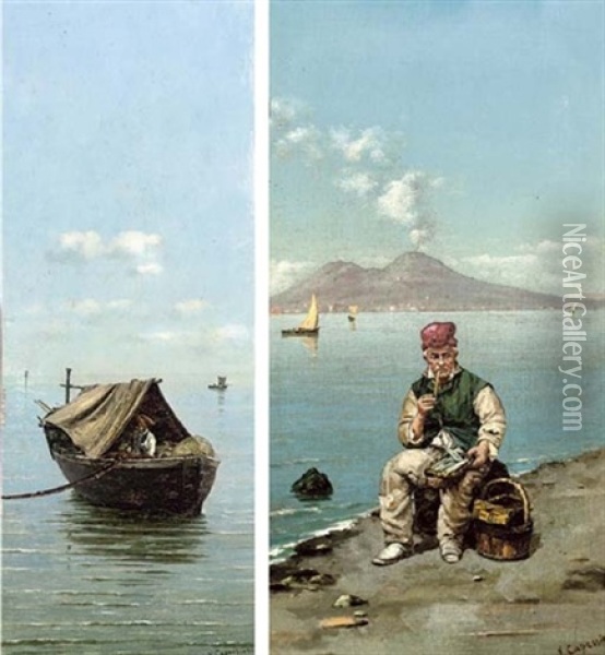 A Neapolitan Fisherman Smoking On The Shore, Vesuvius Beyond (+ A Fisherman At His Moorings, Oil On Panel; 2 Works) Oil Painting - Vittorio Capessiero