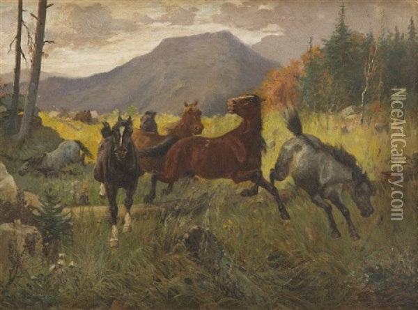 Horses Oil Painting - Jozef Jaroszynski