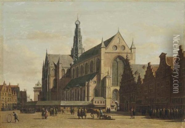 The Grote Markt, Haarlem, Looking South-east, With The Church Of Saint Bavo Oil Painting - Gerrit Adriaensz Berckheyde