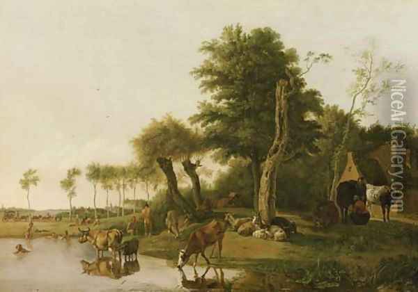 Het spiegelende koetje a milkmaid conversing with a peasant by a farmhouse, with cattle watering and sheep and goats by a tree, swimmers beyond Oil Painting - Hendrick Willelm Schweickhardt