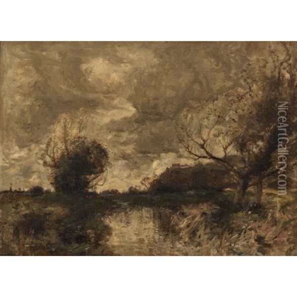 A River Landscape With A Village Oil Painting - William Alfred Gibson