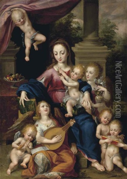 The Virgin And Child With Angels Oil Painting - Dirk de Quade van Ravesteyn