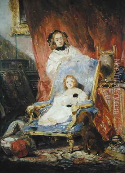 Madame Eugene Isabey and her Daughter Oil Painting - Eugene Isabey