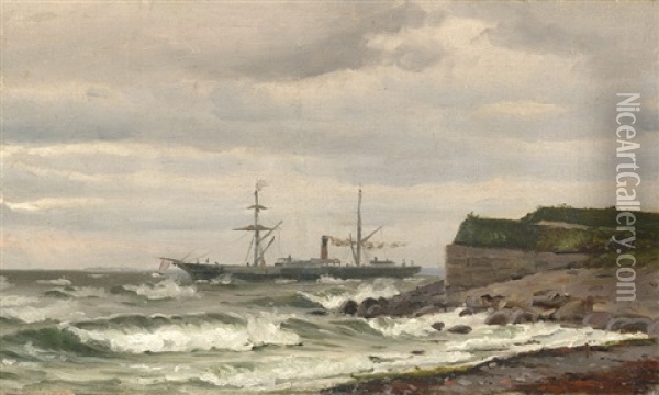 Dampfschiff Und Segelschiff Vor Kuste Bei Sturm Oil Painting - Holger Henrik Herholdt Drachmann