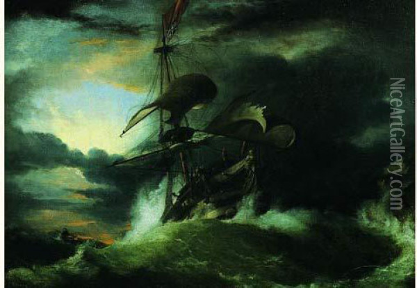Navire Sur Une Mer Agitee Oil Painting - George Philip Reinagle