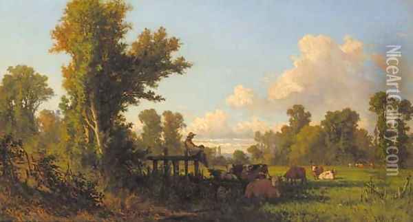 A cowherd watching over his flock in the shade Oil Painting - Jean-Francois Millet