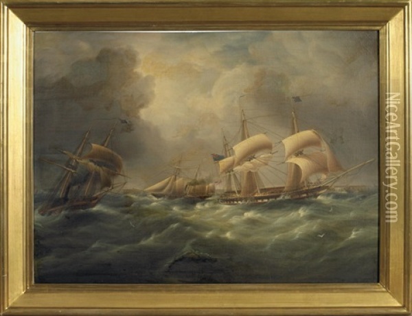 Two British Frigates And An American Ship Giving Chase Oil Painting - James Edward Buttersworth