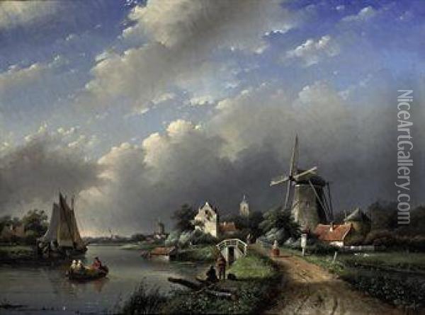 Activities On A Dutch River Oil Painting - Jan Jacob Coenraad Spohler