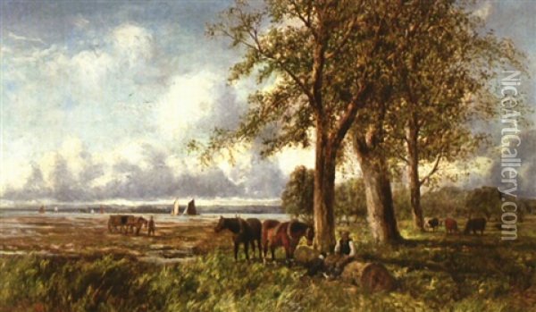 Wattlandschaft Mit Rastendem Bauer Bei Seinen Pferden Oil Painting - George A. Boyle