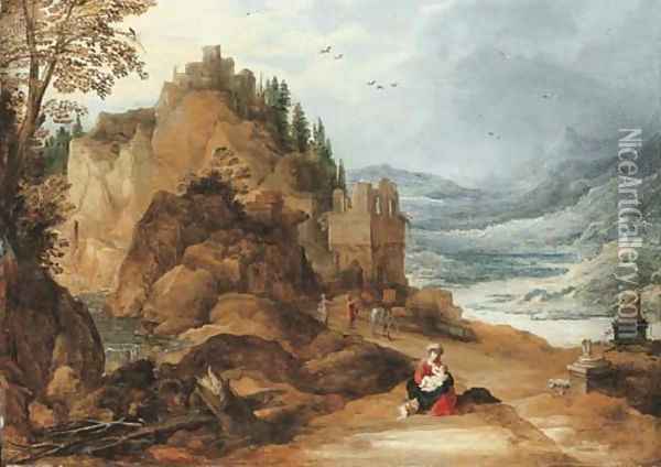 A mountainous river landscape with the Rest on the Flight into Egypt Oil Painting - Josse de Momper