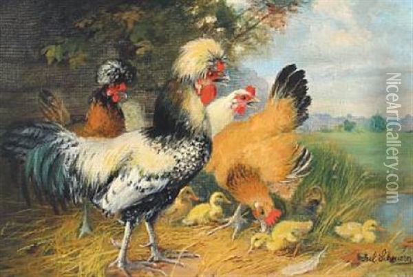 Landscape With Fowls And Ducklings Oil Painting - Julius Scheuerer