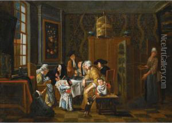 An Interior Scene With A Family Seated Around A Table Oil Painting - Josef Horemans Younger The Jan