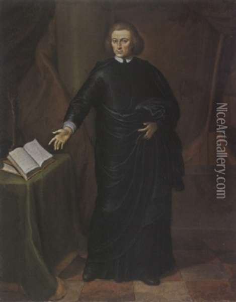 A Portrait Of A Cleric, Wearing A Black Robe With White Cuffs And Collar, Pointing Towards A Book On A Table Oil Painting - Gerard Wigmana