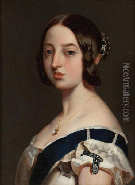 Head And Shoulder Portrait Of Queen Victoria Oil Painting - Franz Xavier Winterhalter