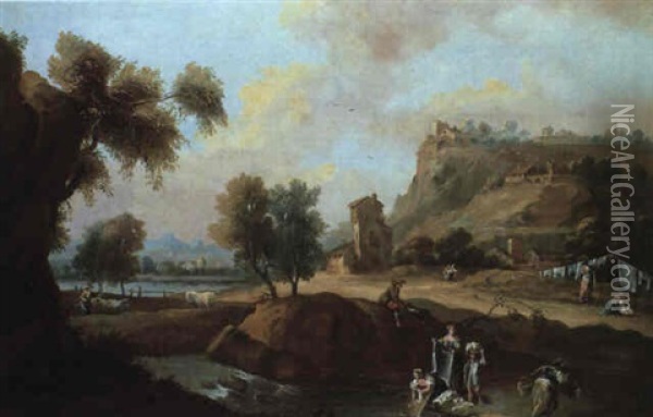 Extensive River Landscape With Women Washing And A Man Watching Oil Painting - Marco Ricci