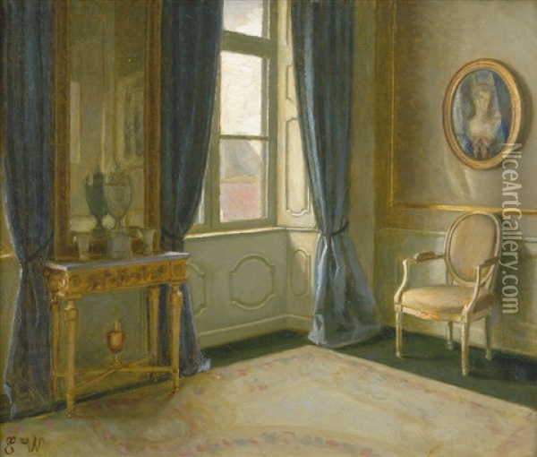 Interieur Eines Salons Mit Blauen Vorhangen Oil Painting - Elisabeth Moeller Wandel