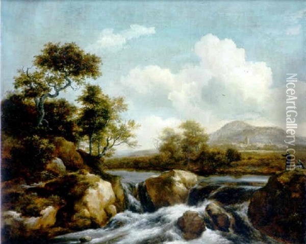 A River Landscape With A Waterfall, Two Men And A Dog Looking On From A Bank On The Right, A Town Beyond Oil Painting - Jacob Van Ruisdael
