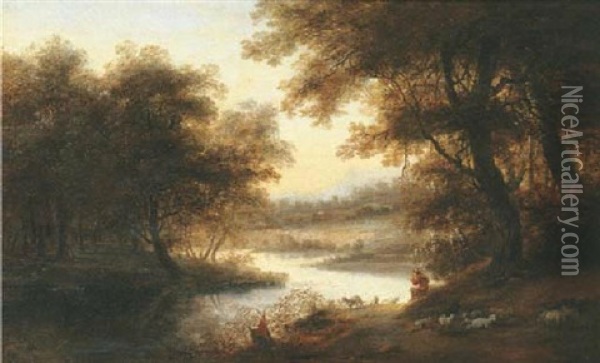 A Wooded River Landscape With A Shepherd And His Flock Oil Painting - Aert Jansz Marienhof