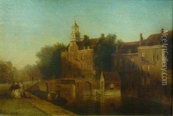 Dutch Canal Scene With Figures Oil Painting - David Bles