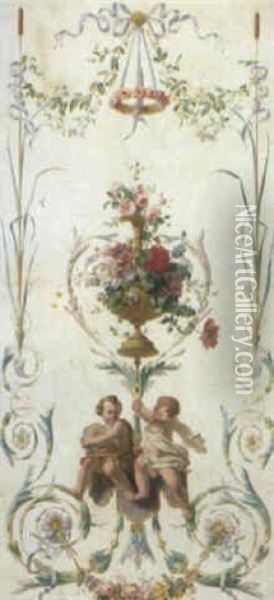 Putti Amid Swags Of Flowers And Leaves Oil Painting - Jean Francois Clermont