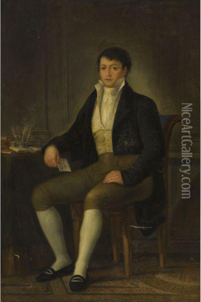 Portrait Of Don Diego De Colon, Seated In A Study Interior Oil Painting - Augustin Esteve