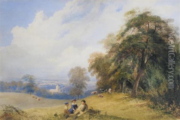 Children Playing On A Hill, A Church Beyond Oil Painting - John Henry Mole