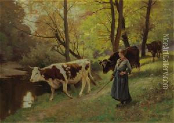 Leading The Herd To Drink Oil Painting - Edouard Bernard Debat-Ponsan
