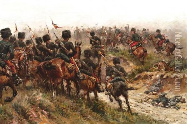 Ruiterslag Tussen De Belgische Cavalerie En De Duitse Ulanen Oil Painting - Jan Hoynck Van Papendrecht