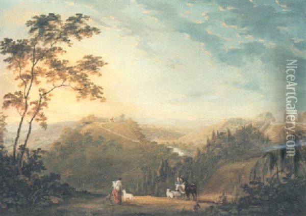 Extensive Landscape With Rustics And A Distant View Of A House Oil Painting - James Barret