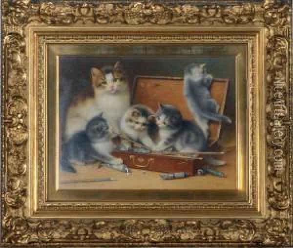 Mother Cat And Her Kittens Playing In A Paint Box Oil Painting - Wilhelm Schwar