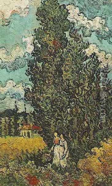 Cypresses And Two Women Oil Painting - Vincent Van Gogh