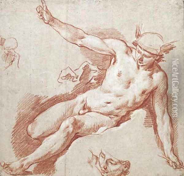 Mercury reclining on a cloud, pointing to the sky with his left arm, with subsidiary studies of his head and shoulder Oil Painting - Francois Boucher