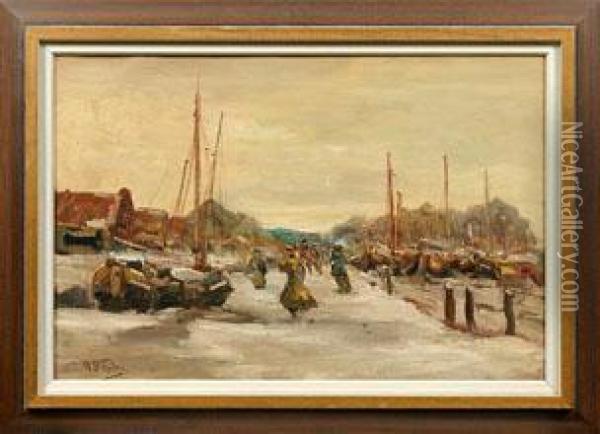 Impressionistische Ansicht Einer Belebten Kleinen Hafenstadt Oil Painting - Willem Bastiaan Tholen