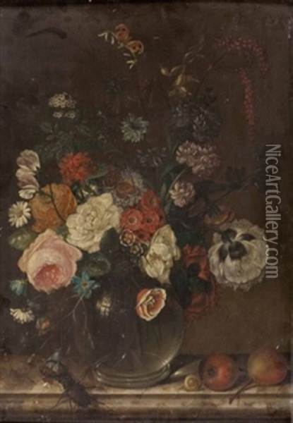 Blumen In Glasvase Mit Hirschkafer Und Schnecke Oil Painting - Johann Matthias Wurzer