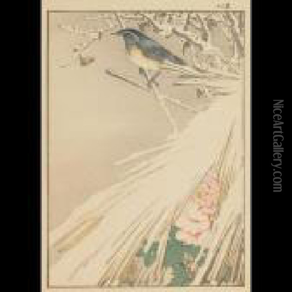 Bluebird On Peony In Snow Oil Painting - Imao Keinen
