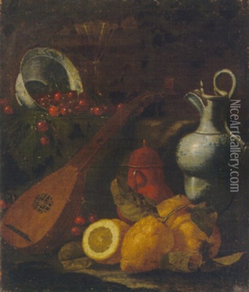 Still Life Of Lemons, A Lute, An Upturned Blue And White Bowl With Cherries, And A Jug On A Ledge Oil Painting - Cristoforo Munari