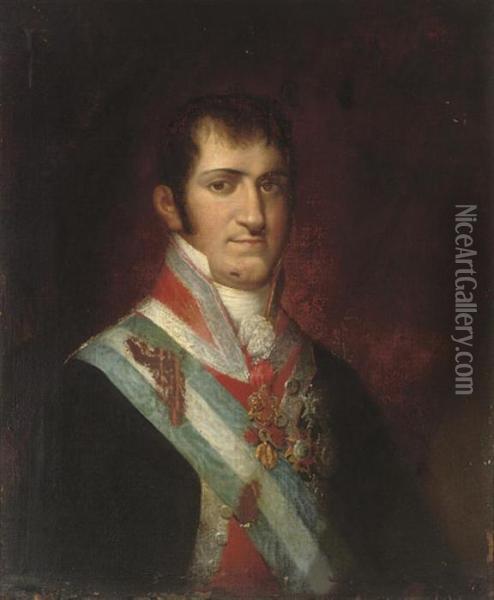 Portrait Of A Spanish Nobleman, Half-length, Wearing A Blue Andwhite Sash And Medals Oil Painting - Francisco De Goya y Lucientes
